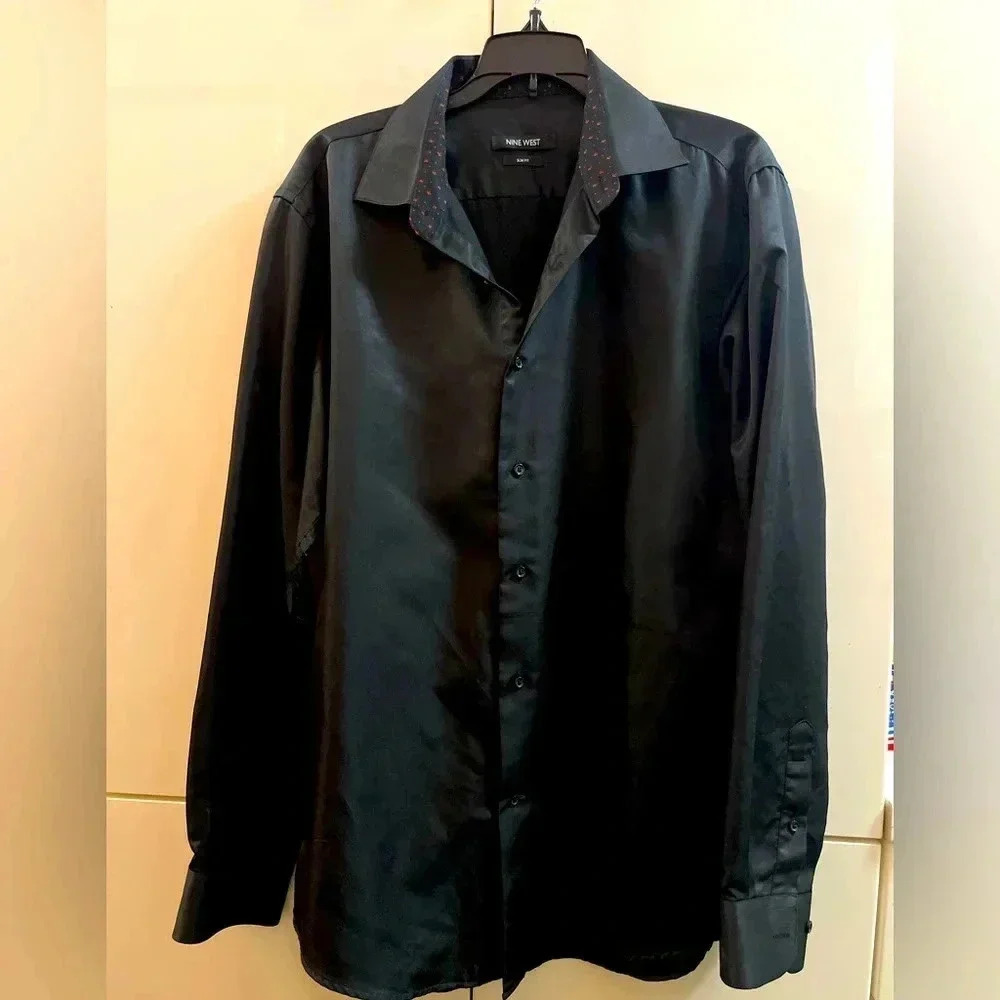 Nine West mens dress shirt slim fit, wrinkle free  size L 16-16½ 34/35 black